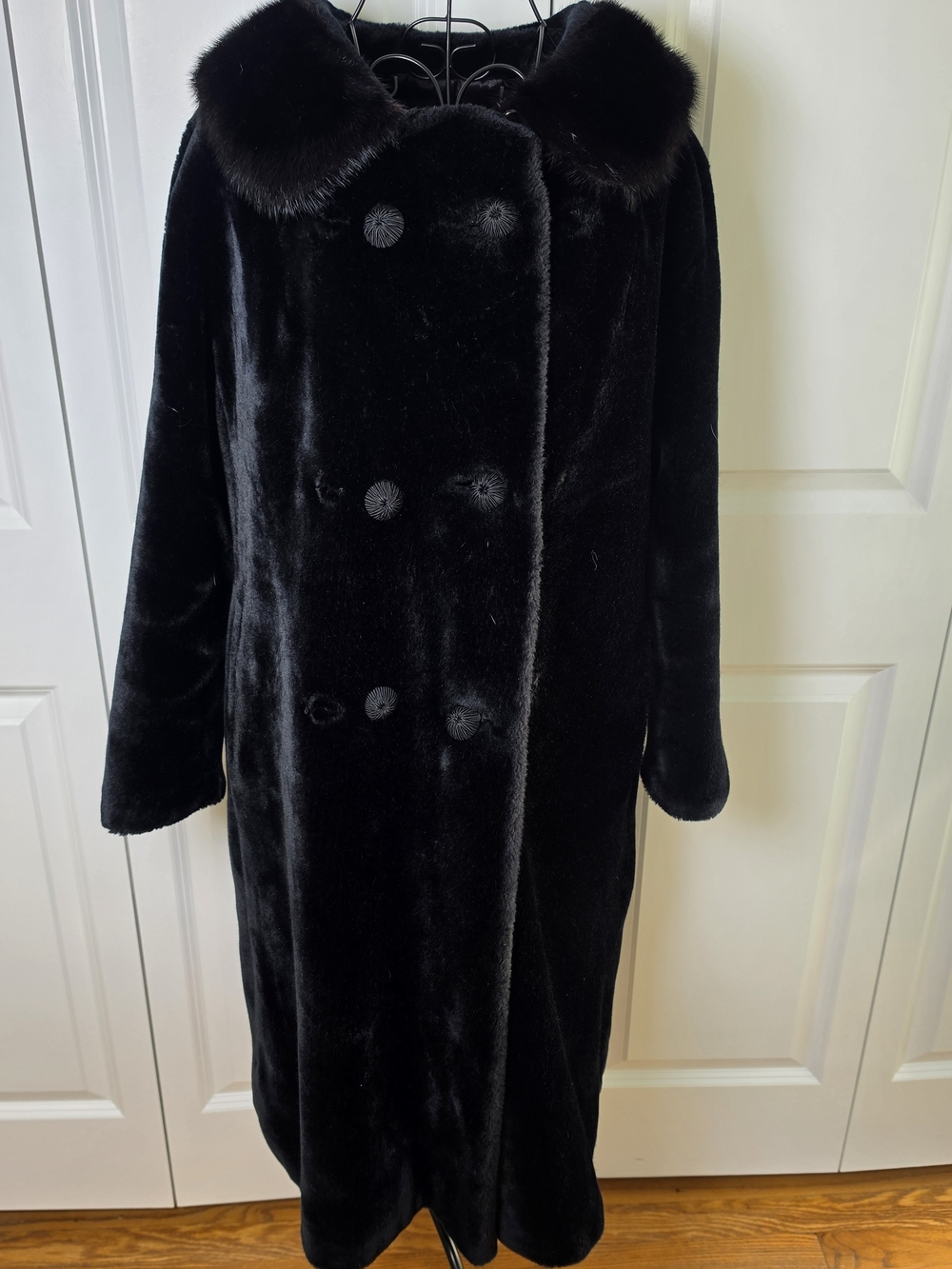 Vintage Russel Taylor Black Faux Fur Long Coat Old Hollywood Glam L